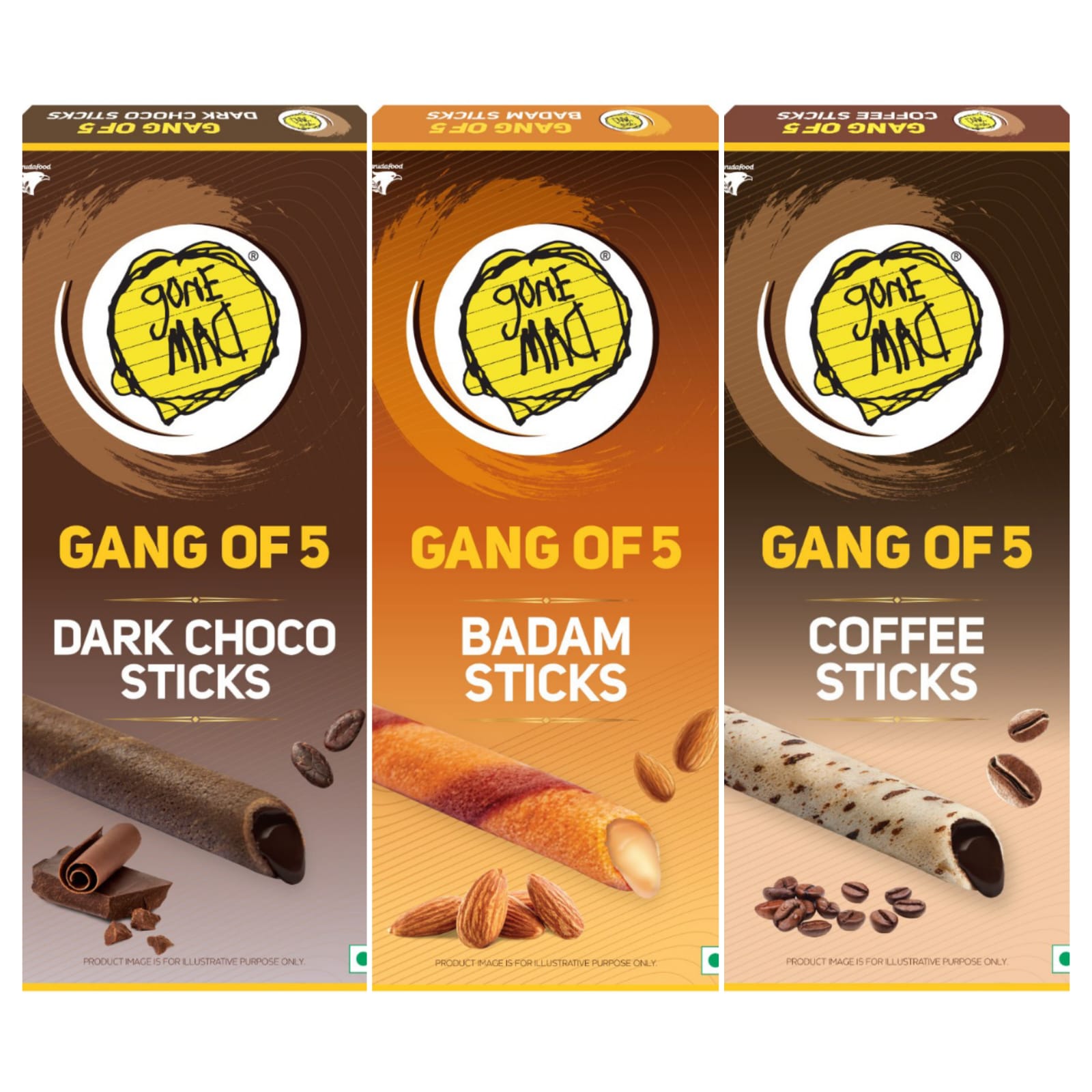 Gone Mad Gang of 5 Badam, Coffee & Dark Choco Sticks Snack, Pack of 6 Wafers